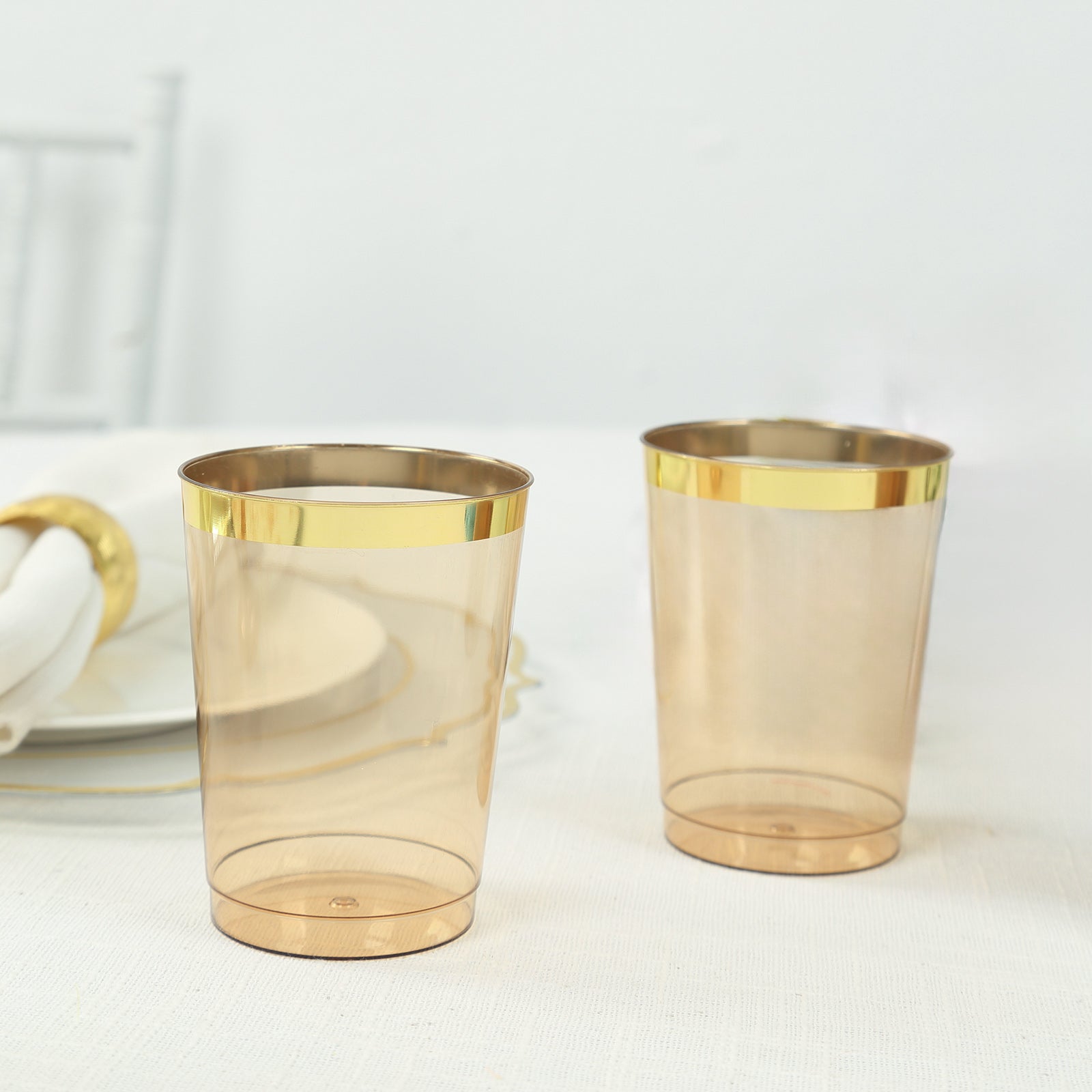 25-Pack Plastic Tumbler Cups 10oz Amber Gold with Gold Rim - Disposable Crystal Drinking Glasses for Parties